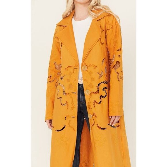 NWOT $228 Free People Susanna Embroidered Duster Yellow Linen Boho Western sz S - Picture 3 of 15